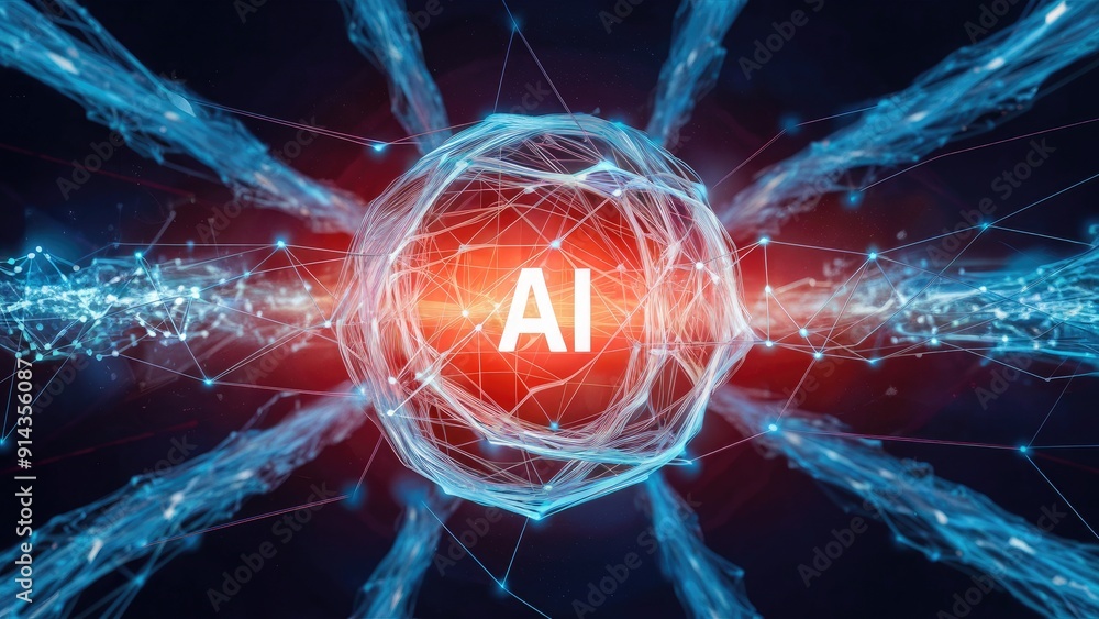Poster ai and cybersecurity network connection illustrating the intersection of artificial intelligence and