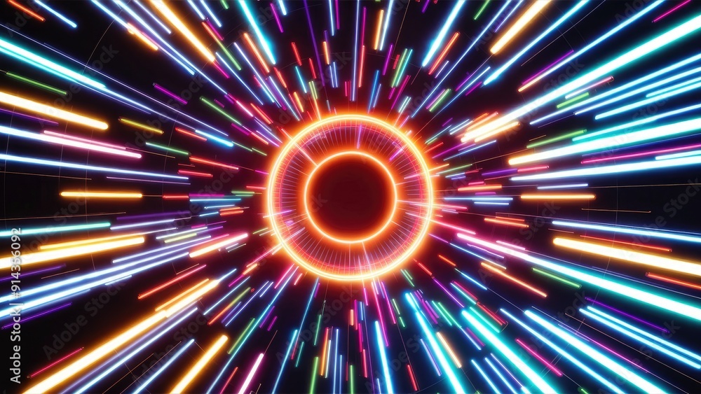 Poster vibrant neon technology animation with abstract energy flow and multicolor light stripes for dynamic