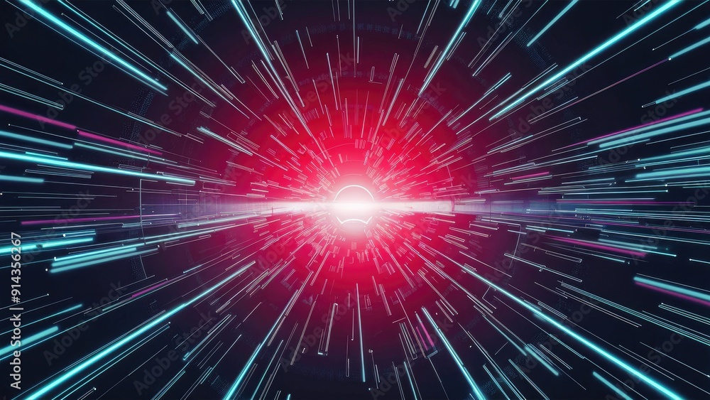 Poster futuristic digital corridor featuring dynamic blue and magenta tones illuminated horizon and abstrac