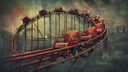 Fototapeta premium Abandoned Rollercoaster in a Foggy Landscape