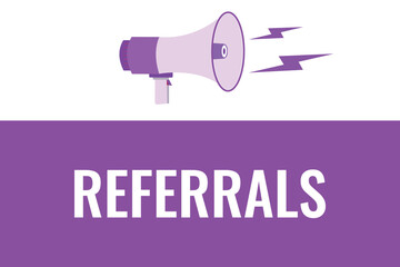 referrals button, banner, label, template for website. referrals text with colorful megaphone icon
