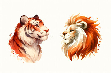 Stunning watercolor illustration featuring a majestic tiger and lion in a vibrant, artistic style. Watercolor illustration on textured paper.
