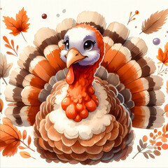
watercolor illustration of a turkey, featuring vibrant feathers and a whimsical design. Perfect for adding a touch of seasonal cheer to your projects. WatercolorTu illustration on textured paper.