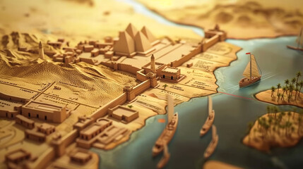 A detailed, artistically crafted map depicts an ancient civilization, likely Ancient Egypt, complete with pyramids, temples, and other architectural monuments. The map is intricately designed with top