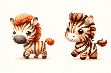 zebra character in watercolor style, featuring vibrant colors and whimsical details.  Watercolor illustration on textured paper. 
