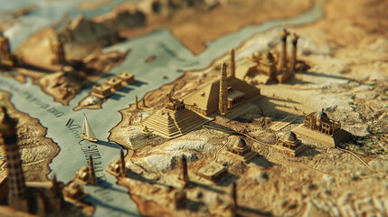 Fototapeta premium A highly detailed and artistically rendered 3D map showcases an ancient city with various architectural landmarks. Prominent structures include pyramids, temples, obelisks, and domed buildings, all de