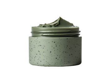 Green clay mask in a speckled jar, perfect for skincare and beauty rituals, promoting a natural and refreshing look.