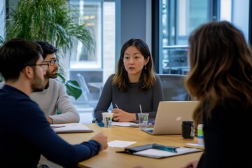 Team Engaged in Collaborative Discussion During Meeting in Modern Office Space on a Bright Afternoon
