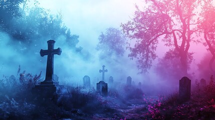 Halloween landscape, foggy cemetery with crooked tombstones, eerie atmosphere, digital illustration, isolated on white background