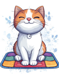Smiling Cat Sitting on Colorful Mat, Cartoon Flat Vector Illustration
