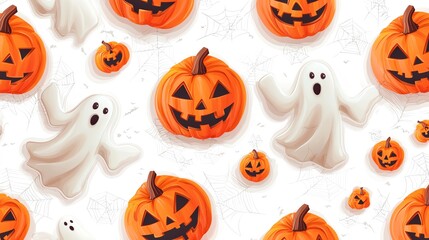 Cute Halloween seamless pattern with ghosts and pumpkins