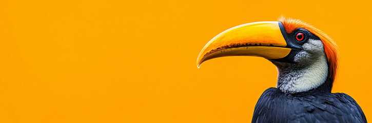 Majestic African hornbill isolated on orange background with copy space for text, ideal for wildlife and nature-themed web banners or conservation-related events.