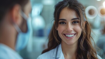 Woman in medical office smiling at the camera with blurred colleague in the background.