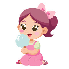 Fototapeta premium A cute little girl eats cotton candy. A girl a smiling with cotton candy. Isolated vector illustration.