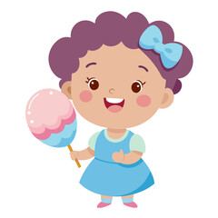 Fototapeta premium A cute little girl eats cotton candy. A girl a smiling with cotton candy. Isolated vector illustration.