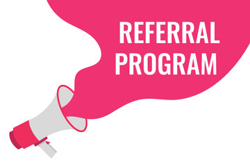 referral program button, banner, label, template for website. referral program text with colorful megaphone icon
