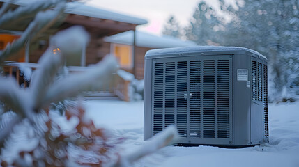 An air conditioner unit covered in snow, sitting in front of a house.