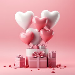 Pink and white heart balloons with gifts.