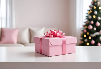 A pink gift box with a pink bow on a white table, with a blurred christmas tree in the background