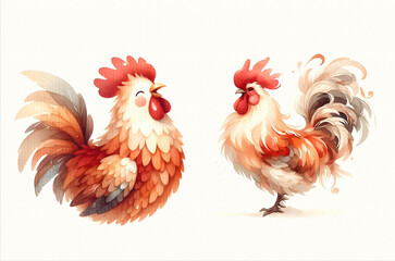 Elegant watercolor illustration of a rooster with vibrant feathers and a charming stance.Watercolor illustration on textured paper.