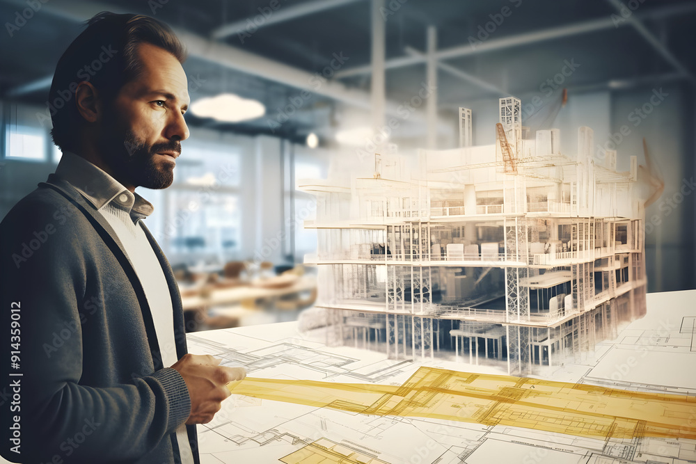 Poster architect reviewing blueprints and a model of a building under construction.