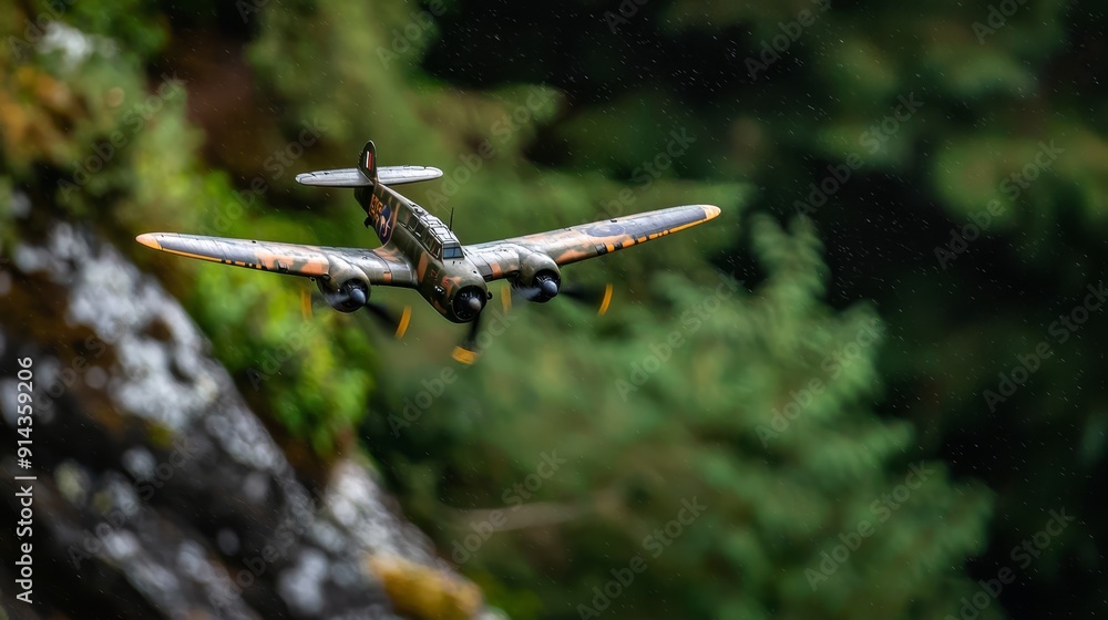 Canvas Prints  A small airplane traverses over a lush forest, teeming with numerous green trees The day is overcast with clouds drizzling rain onto the forest floor beneath