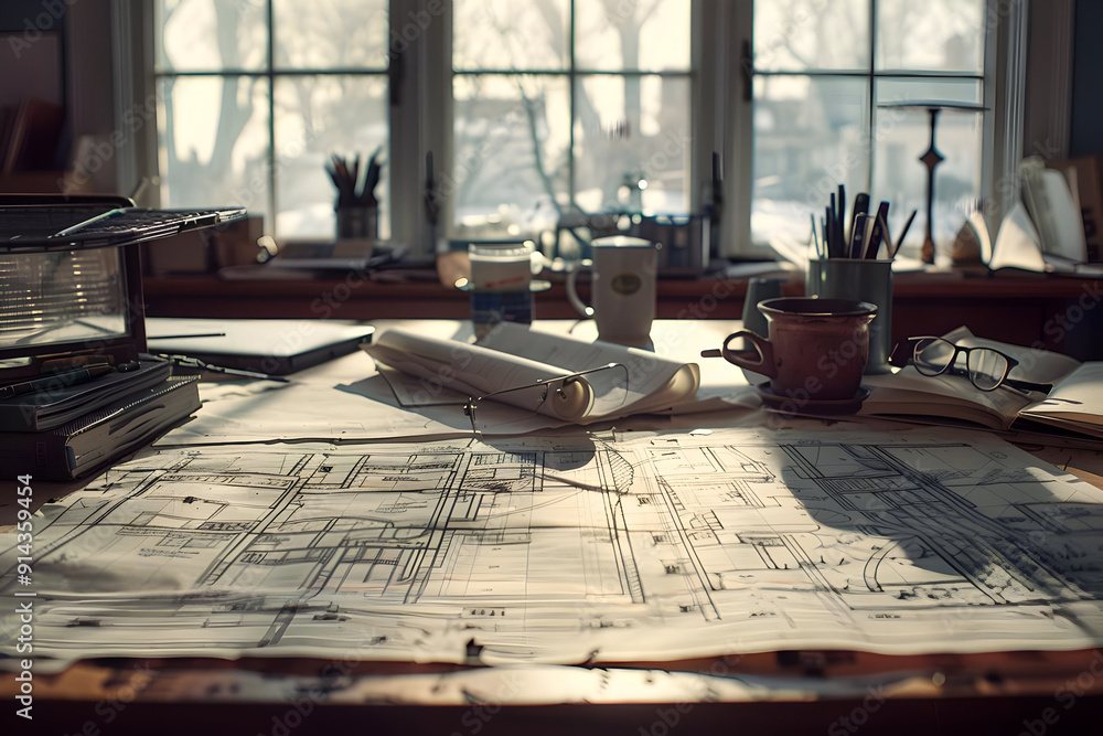 Poster architectural blueprints on a desk by a window, sunlight casting shadows.