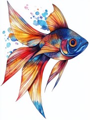 Fototapeta premium Colorful Fish Illustration with Watercolor Splashes
