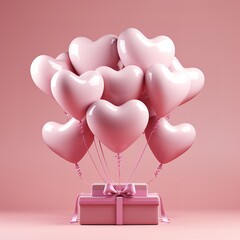 Pink heart-shaped balloons tied to a pink gift box.