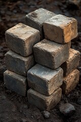 A sturdy stack of gray construction bricks settled on the ground