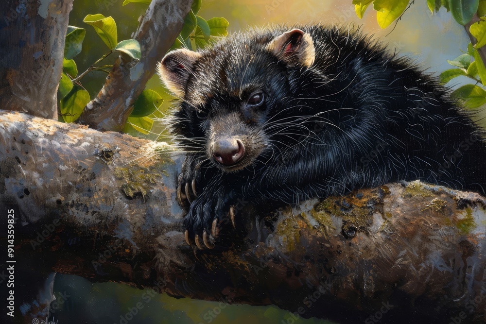 Wall mural  A raccoon atop a tree branch, surrounded by verdant leaves, against a backdrop of a blue sky