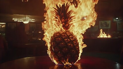 Pineapple on Fire in a Dark Room A whole pineapple is set ablaze in a dimly lit room. The flames engulf the pineapple, creating a striking visual effect. Copy space is available on the left 