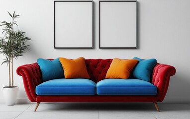 A colorful couch sits in a modern living room with empty frames above it