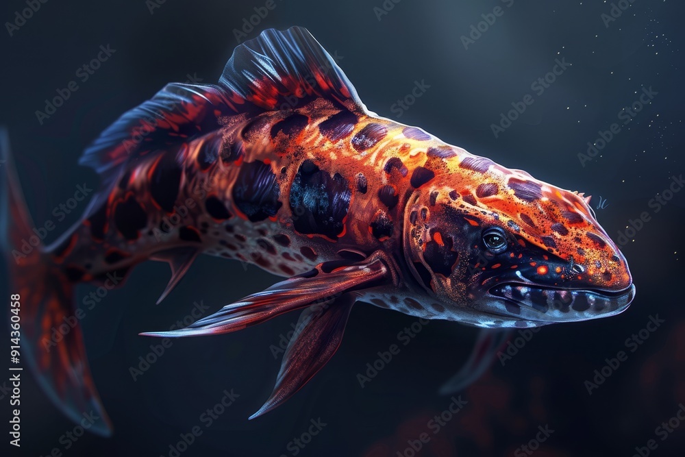 Wall mural a fish with an orange and black-spotted body against a black background