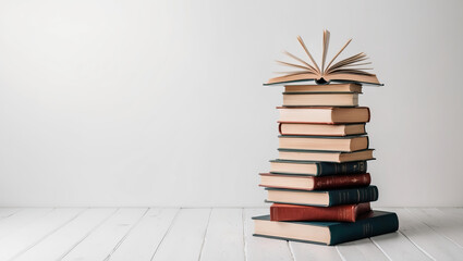 Tall stack of books features open book on top, emphasizing knowledge and literature. Copy space