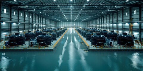 Fototapeta premium Rows of large, cylindrical vessels stand in a modern facility, surrounded by water and walkways