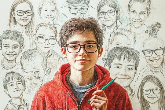 a sketch of a boy wearing glasses holding a pencil in front of unfinished sketches 