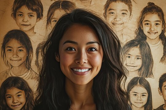 a woman smiling in front of a wall with unfinished various face sketches