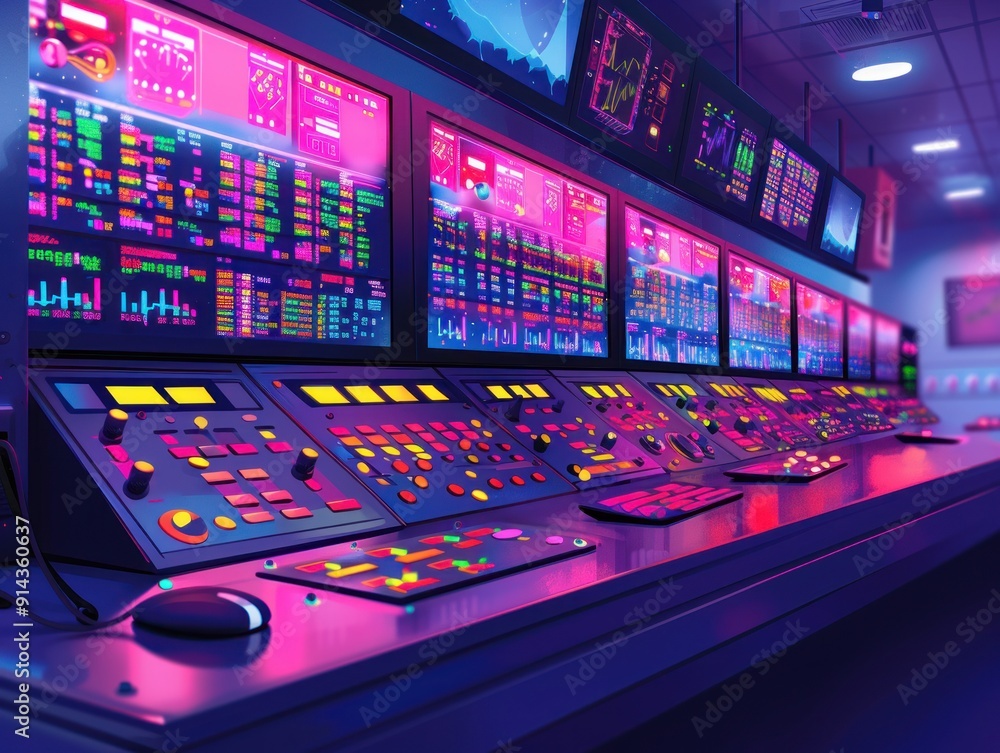 Poster a control room with several brightly lit monitors and a row of buttons