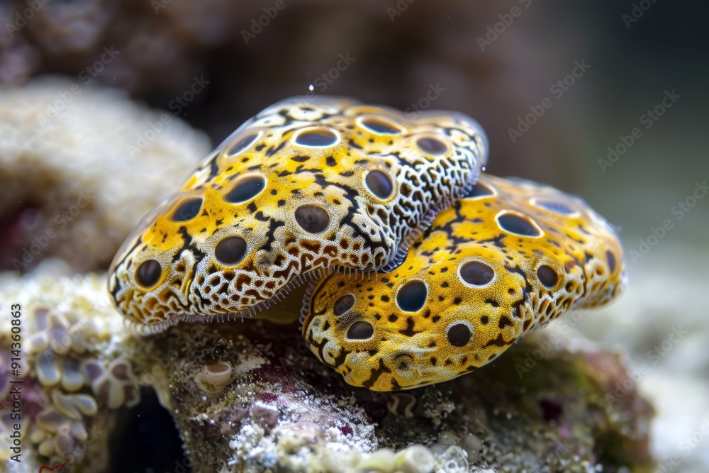 Wall mural two yellow and black animals atop a rock-bound seaweed