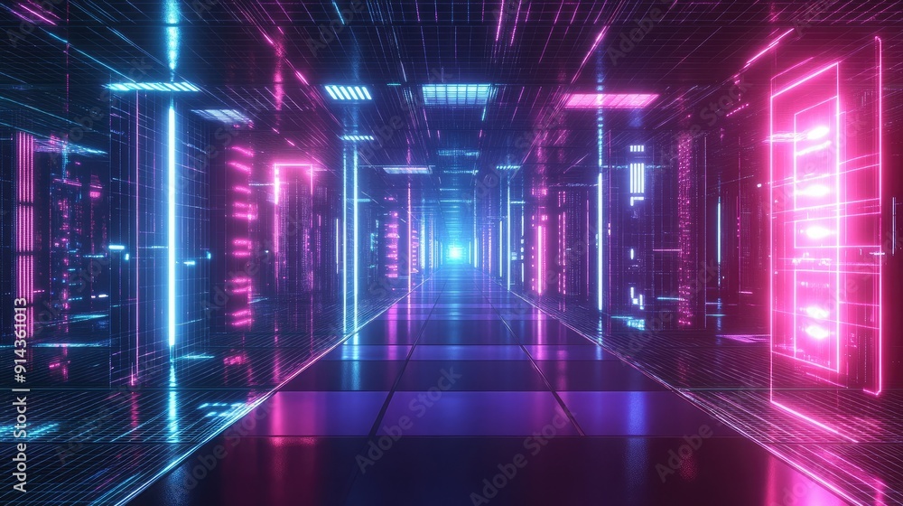 Poster futuristic tech grid with neon lights, high-tech abstract background