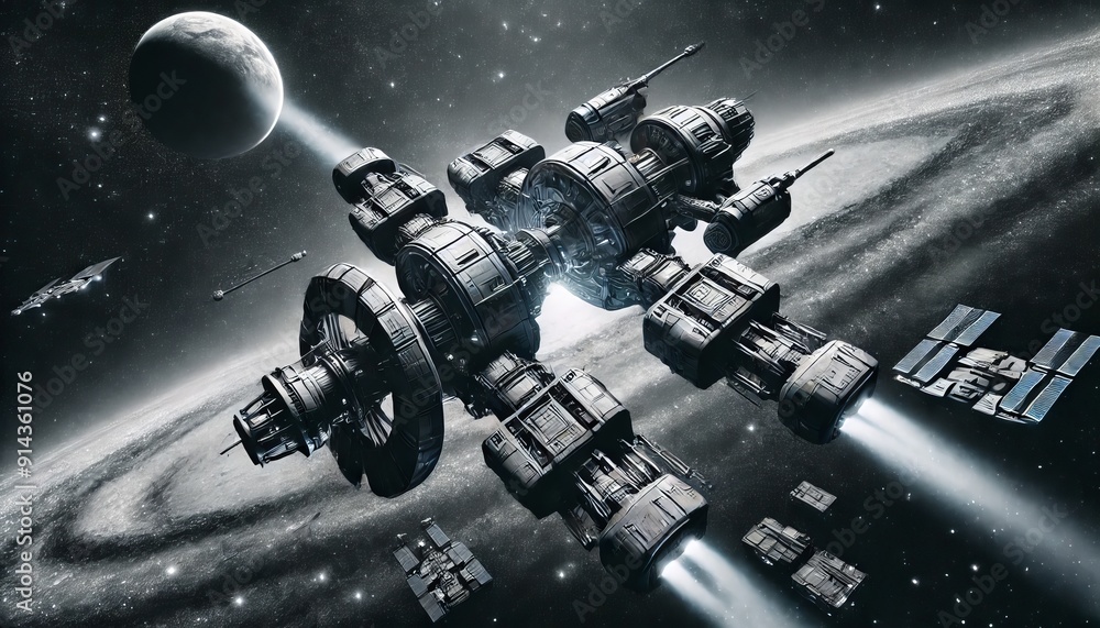 Poster futuristic space station with spaceships in a distant galaxy with planets and stars