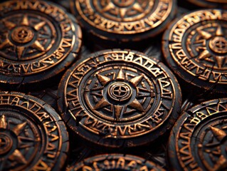 Fototapeta premium A group of golden coins with intricate designs