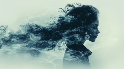 Fototapeta premium Artistic silhouette portrait of a woman with flowing hair blending into smoke, symbolizing ethereal and mysterious elements.