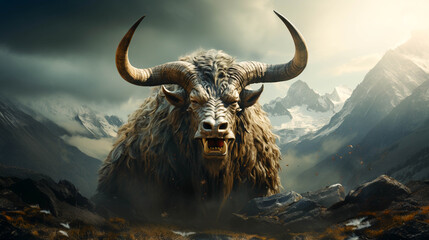 Naklejka premium A bull with big horns stands on a mountain