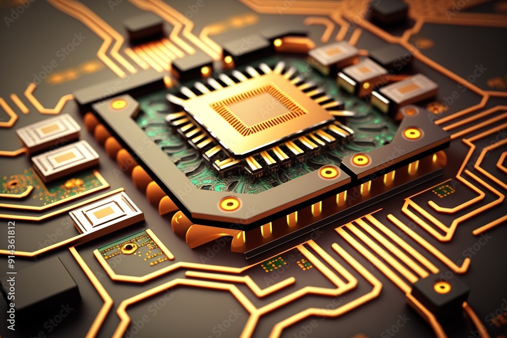 Poster closeup of a golden microchip on a circuit board.