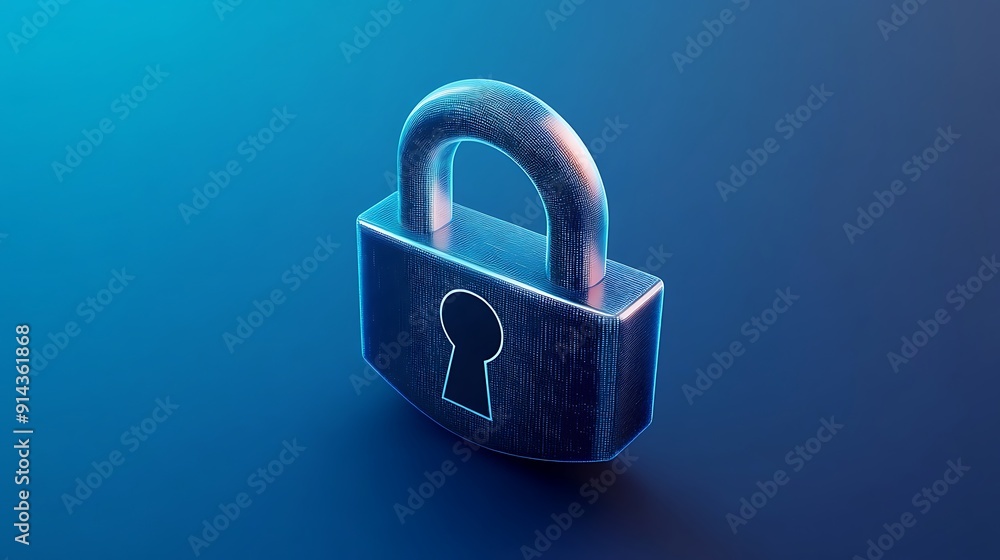 Poster a 3d wireframe rendering of a padlock on a blue background