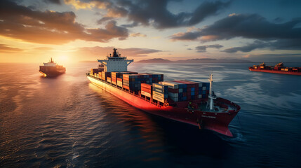 Cargo ships on the open sea at sunset.