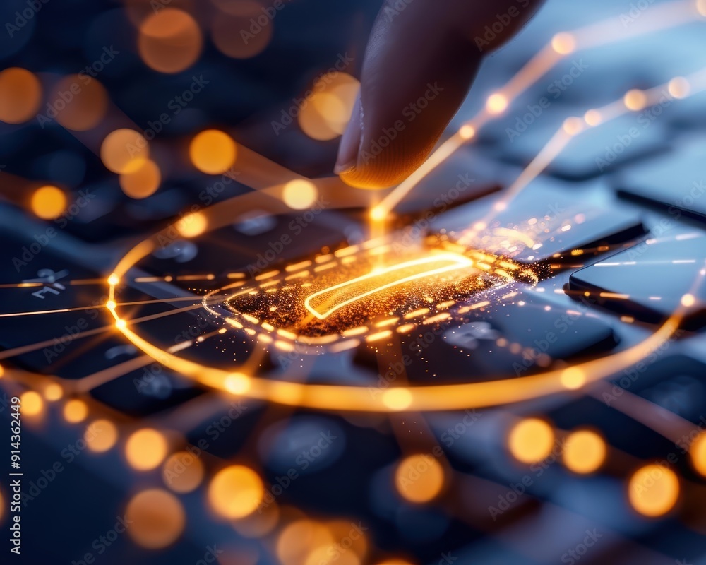 Poster a close-up of a finger touching a keyboard, surrounded by glowing digital circuits symbolizing techn