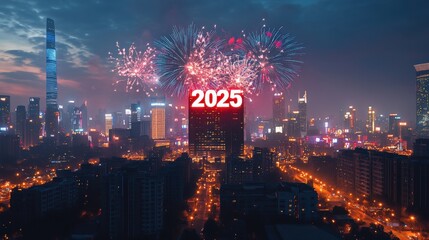 Fireworks illuminate the night sky over a bustling city skyline as people gather to celebrate the arrival of the New Year in 2025, happy new year 2025 and merry christmas theme